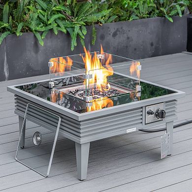 Leisuremod Walbrooke Outdoor Patio Aluminum Square Slats Fire Pit Side Table With Lid And Fire Glass