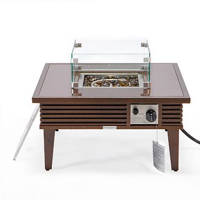 Leisuremod Walbrooke Outdoor Patio Aluminum Square Slats Fire Pit Side Table With Lid And Fire Glass