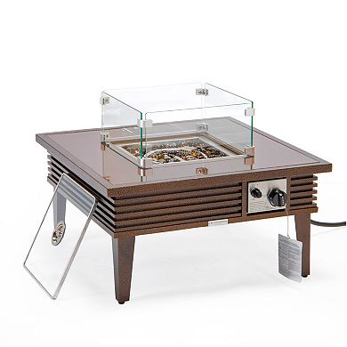 Leisuremod Walbrooke Outdoor Patio Aluminum Square Slats Fire Pit Side Table With Lid And Fire Glass