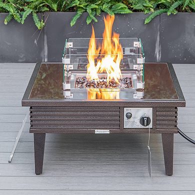Leisuremod Walbrooke Outdoor Patio Aluminum Square Slats Fire Pit Side Table With Lid And Fire Glass