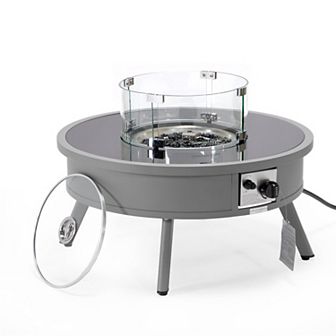Leisuremod Walbrooke Outdoor Patio Aluminum Round Fire Pit Side Table With Lid And Fire Glass