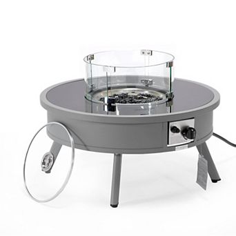 Leisuremod Walbrooke Outdoor Patio Aluminum Round Fire Pit Side Table With Lid And Fire Glass