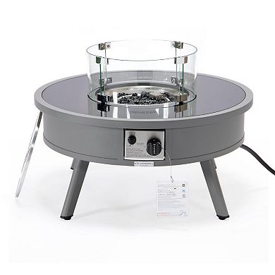 Leisuremod Walbrooke Outdoor Patio Aluminum Round Fire Pit Side Table With Lid And Fire Glass