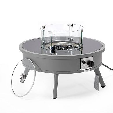 Leisuremod Walbrooke Outdoor Patio Aluminum Round Fire Pit Side Table With Lid And Fire Glass