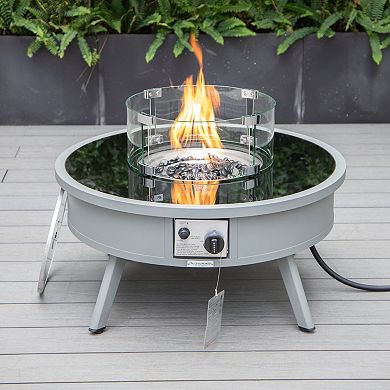 Leisuremod Walbrooke Outdoor Patio Aluminum Round Fire Pit Side Table With Lid And Fire Glass