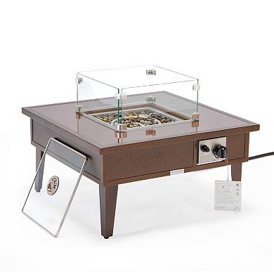 Leisuremod Walbrooke Outdoor Patio Aluminum Square Fire Pit Side Table With Lid And Fire Glass