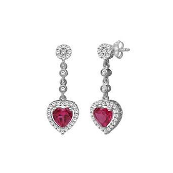Jewelexcess Sterling Silver Lab-Created Ruby & Lab-Created White Sapphire Heart Drop Earrings
