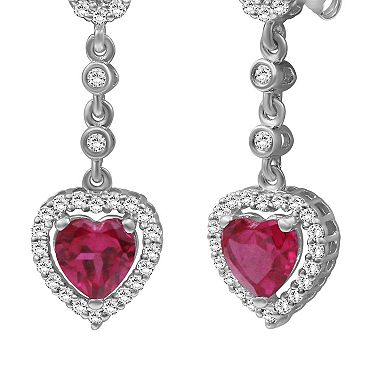 Jewelexcess Sterling Silver Lab-Created Ruby & Lab-Created White Sapphire Heart Drop Earrings