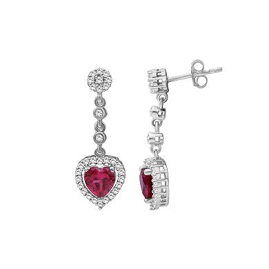 Jewelexcess Sterling Silver Lab-Created Ruby & Lab-Created White Sapphire Heart Drop Earrings
