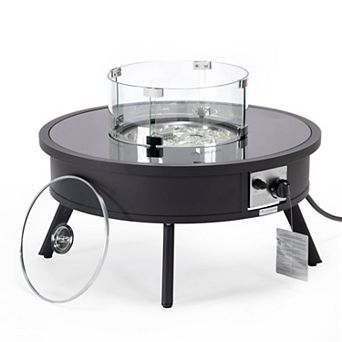 Leisuremod Walbrooke Outdoor Patio Aluminum Round Fire Pit Side Table With Lid And Fire Glass