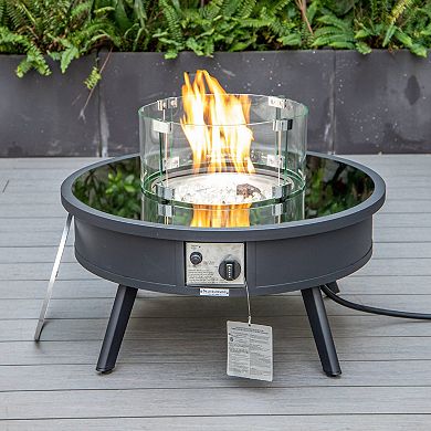 Leisuremod Walbrooke Outdoor Patio Aluminum Round Fire Pit Side Table With Lid And Fire Glass