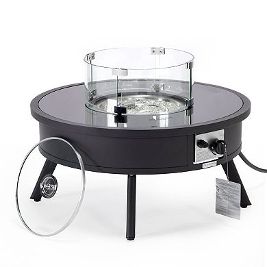 Leisuremod Walbrooke Outdoor Patio Aluminum Round Fire Pit Side Table With Lid And Fire Glass