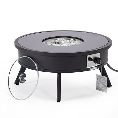 Leisuremod Walbrooke Outdoor Patio Aluminum Round Fire Pit Side Table With Lid And Fire Glass