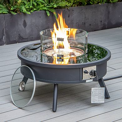 Leisuremod Walbrooke Outdoor Patio Aluminum Round Fire Pit Side Table With Lid And Fire Glass