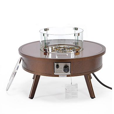 Leisuremod Walbrooke Outdoor Patio Aluminum Round Fire Pit Side Table With Lid And Fire Glass