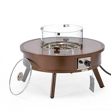 Leisuremod Walbrooke Outdoor Patio Aluminum Round Fire Pit Side Table With Lid And Fire Glass