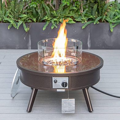 Leisuremod Walbrooke Outdoor Patio Aluminum Round Fire Pit Side Table With Lid And Fire Glass