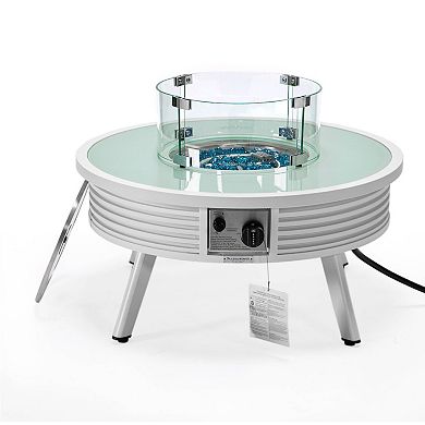 Leisuremod Walbrooke Outdoor Patio Aluminum Round Slats Fire Pit Side Table With Lid And Fire Glass