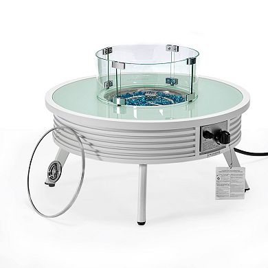 Leisuremod Walbrooke Outdoor Patio Aluminum Round Slats Fire Pit Side Table With Lid And Fire Glass