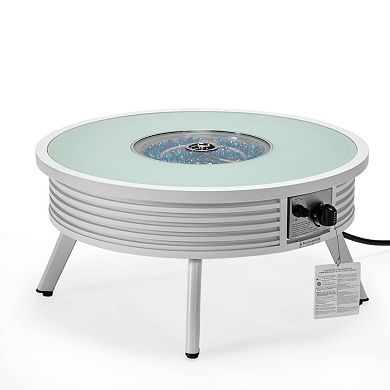 Leisuremod Walbrooke Outdoor Patio Aluminum Round Slats Fire Pit Side Table With Lid And Fire Glass