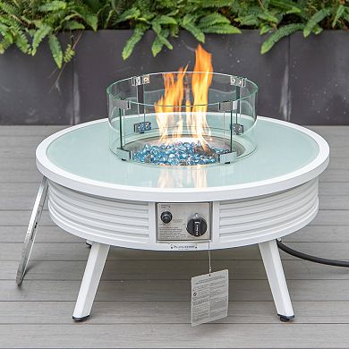 Leisuremod Walbrooke Outdoor Patio Aluminum Round Slats Fire Pit Side Table With Lid And Fire Glass