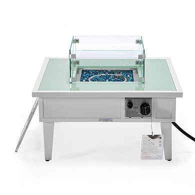 Leisuremod Walbrooke Outdoor Patio Aluminum Square Fire Pit Side Table With Lid And Fire Glass