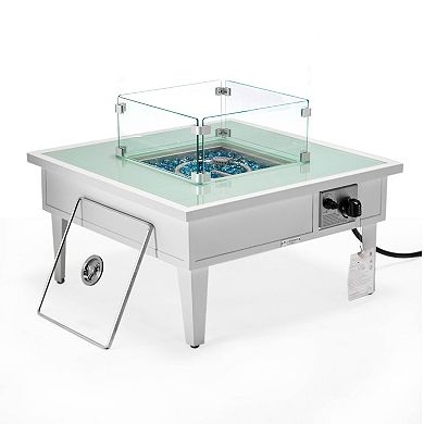 Leisuremod Walbrooke Outdoor Patio Aluminum Square Fire Pit Side Table With Lid And Fire Glass