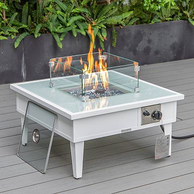 Leisuremod Walbrooke Outdoor Patio Aluminum Square Fire Pit Side Table With Lid And Fire Glass