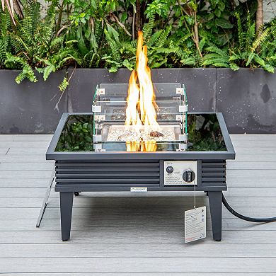 Leisuremod Walbrooke Outdoor Patio Aluminum Square Slats Fire Pit Side Table With Lid And Fire Glass