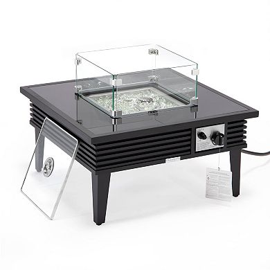 Leisuremod Walbrooke Outdoor Patio Aluminum Square Slats Fire Pit Side Table With Lid And Fire Glass