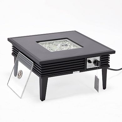 Leisuremod Walbrooke Outdoor Patio Aluminum Square Slats Fire Pit Side Table With Lid And Fire Glass
