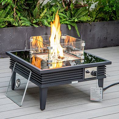 Leisuremod Walbrooke Outdoor Patio Aluminum Square Slats Fire Pit Side Table With Lid And Fire Glass