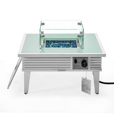 Leisuremod Walbrooke Outdoor Patio Aluminum Square Slats Fire Pit Side Table With Lid And Fire Glass