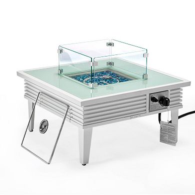 Leisuremod Walbrooke Outdoor Patio Aluminum Square Slats Fire Pit Side Table With Lid And Fire Glass