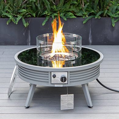Leisuremod Walbrooke Outdoor Patio Aluminum Round Slats Fire Pit Side Table With Lid And Fire Glass