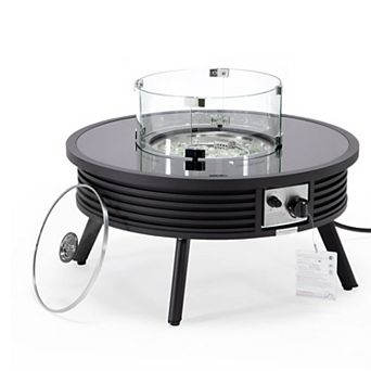 Leisuremod Walbrooke Outdoor Patio Aluminum Round Slats Fire Pit Side Table With Lid And Fire Glass