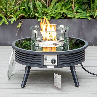 Leisuremod Walbrooke Outdoor Patio Aluminum Round Slats Fire Pit Side Table With Lid And Fire Glass