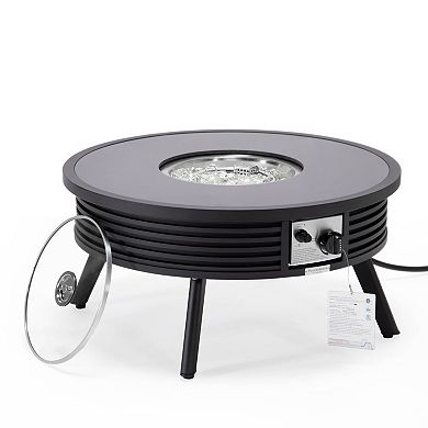 Leisuremod Walbrooke Outdoor Patio Aluminum Round Slats Fire Pit Side Table With Lid And Fire Glass