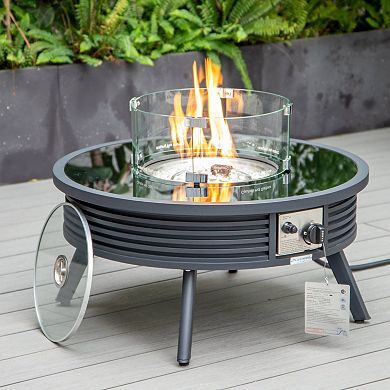 Leisuremod Walbrooke Outdoor Patio Aluminum Round Slats Fire Pit Side Table With Lid And Fire Glass