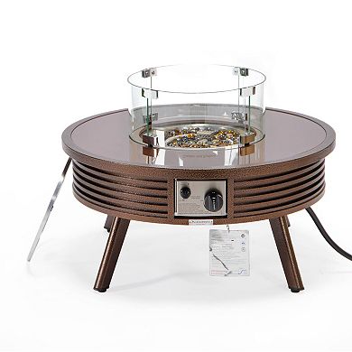 Leisuremod Walbrooke Outdoor Patio Aluminum Round Slats Fire Pit Side Table With Lid And Fire Glass