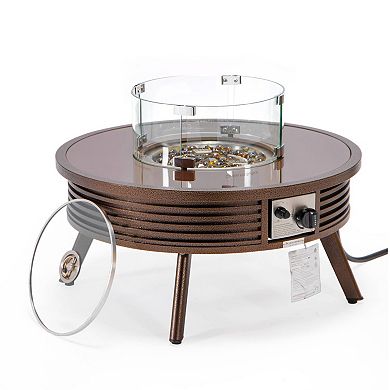 Leisuremod Walbrooke Outdoor Patio Aluminum Round Slats Fire Pit Side Table With Lid And Fire Glass