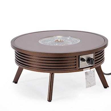 Leisuremod Walbrooke Outdoor Patio Aluminum Round Slats Fire Pit Side Table With Lid And Fire Glass