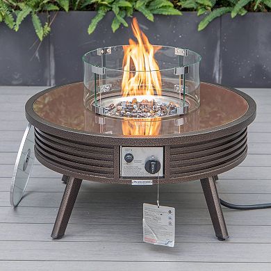 Leisuremod Walbrooke Outdoor Patio Aluminum Round Slats Fire Pit Side Table With Lid And Fire Glass