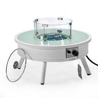 Leisuremod Walbrooke Outdoor Patio Aluminum Round Fire Pit Side Table With Lid And Fire Glass