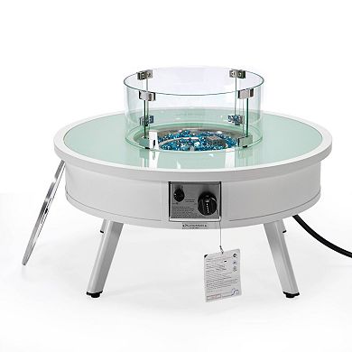 Leisuremod Walbrooke Outdoor Patio Aluminum Round Fire Pit Side Table With Lid And Fire Glass