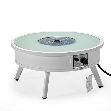 Leisuremod Walbrooke Outdoor Patio Aluminum Round Fire Pit Side Table With Lid And Fire Glass