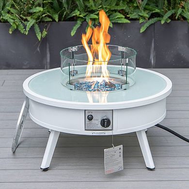 Leisuremod Walbrooke Outdoor Patio Aluminum Round Fire Pit Side Table With Lid And Fire Glass