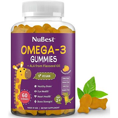 NuBest Omega-3 Gummies, with ALA from Flaxseed Oil, Supports Brain Function, Vision for Ages 2+, 60