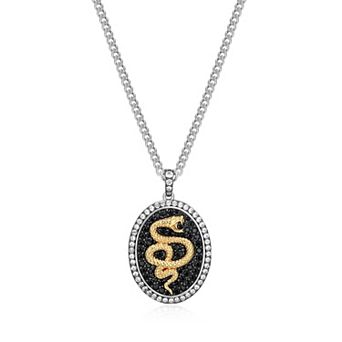 Classic Treasures Men's Rhodium Over Sterling Silver Black & Lab-Created White Sapphire Snake Oval Pendant Necklace