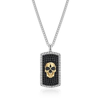 Classic Treasures Men's Rhodium Over Sterling Silver Black & Lab-Created White Sapphire Skull Dog Tag Pendant Necklace
